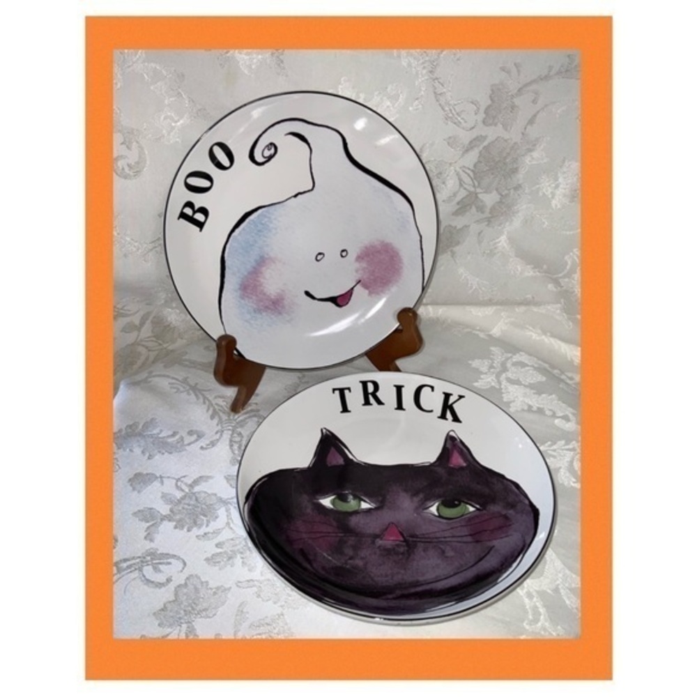 Rosanna Ceramic 8” Halloween Plates Boo-Ghost & Trick-Black Cat Like New